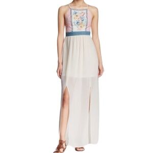 Flying Tomato Women’s Floral Ivory Chifon Embroidered Lined‎ Maxi Dress   Sz M